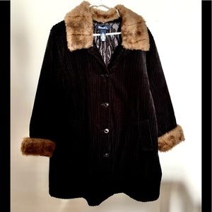 Denim & CO Corduroy Coat removable faux fur mobwife size 1X black tan